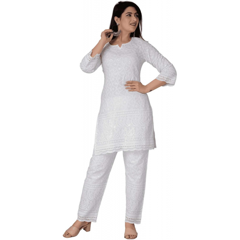 Salwar Kameez Set - Kurtis indianos de algodão Chikankari para