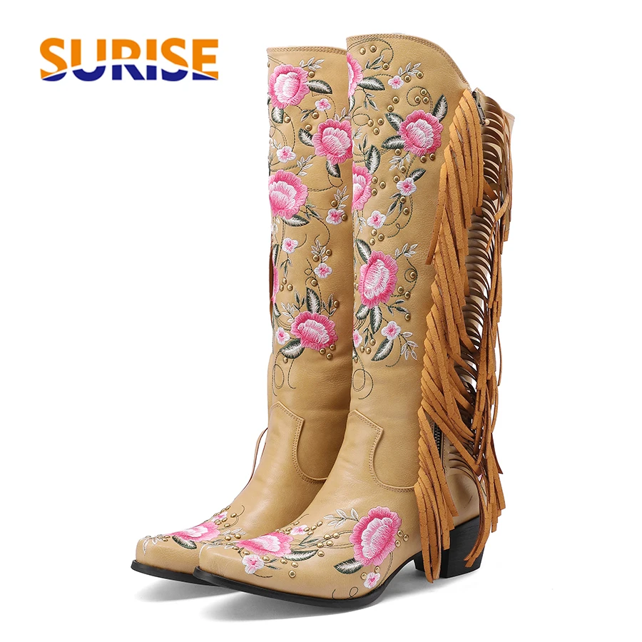 Ethnic Fashion For Women - Moda bordado flor ocidental joelho botas