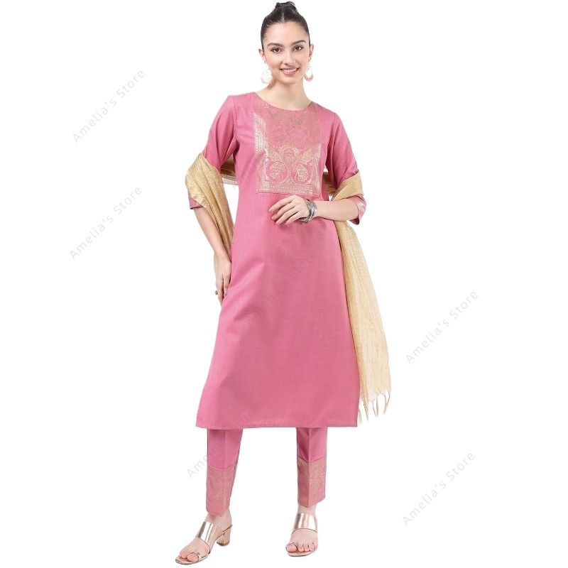 Conjunto de 3 peças Kurta rosa - Salwar Kameez Set avaliação e preço