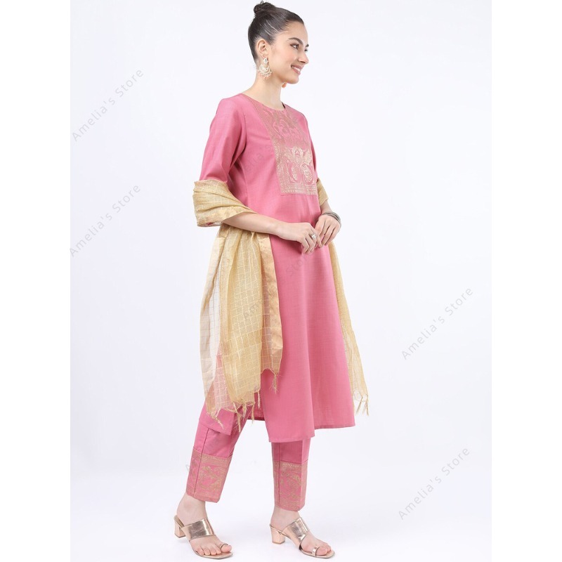 Conjunto de 3 peças Kurta rosa - Salwar Kameez Set avaliação e preço